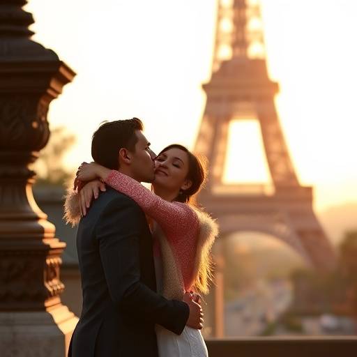 Couple mari√© √©changeant un baiser devant la Tour Eiffel, Paris.