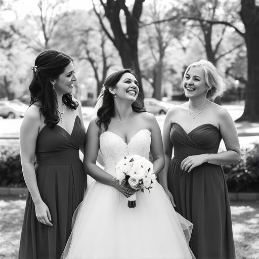 Photo de mariage en noir et blanc d'une mari√©e riant avec ses demoiselles d'honneur dans un parc parisien.