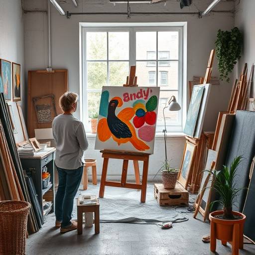 Portrait d'un artiste peintre dans son atelier, entour√© de ses ≈ìuvres color√©es et expressives.