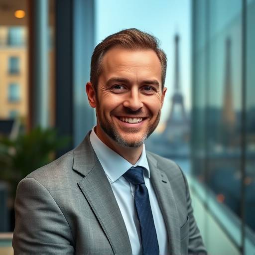 Portrait d'un homme d'affaires souriant et confiant, dans un bureau moderne avec vue sur Paris.