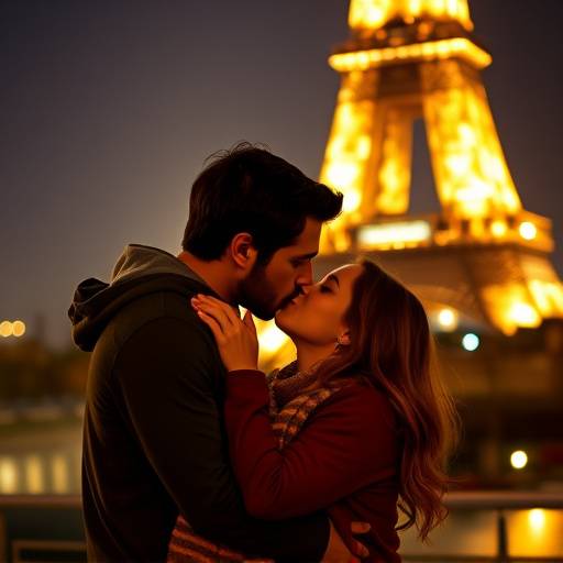 Un couple de jeunes mari√©s s'embrasse tendrement devant la Tour Eiffel illumin√©e la nuit.