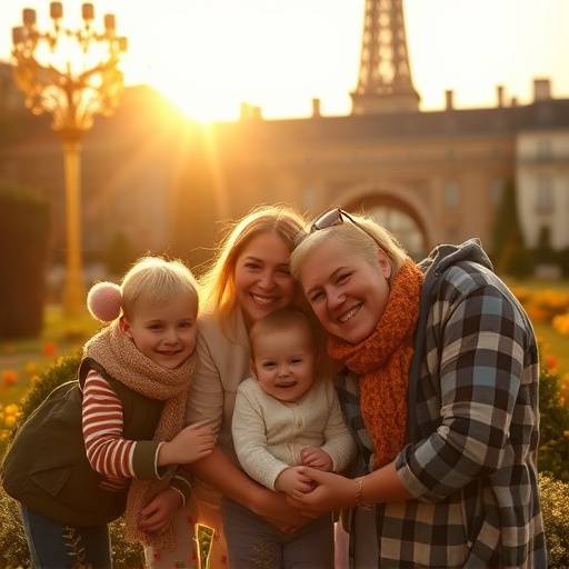 Un portrait de famille chaleureux pris en ext√©rieur dans un jardin luxuriant √† Paris.
