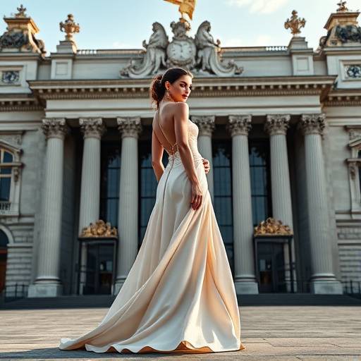 Une mannequin portant une robe de haute couture, posant √©l√©gamment devant l'Op√©ra Garnier √† Paris.